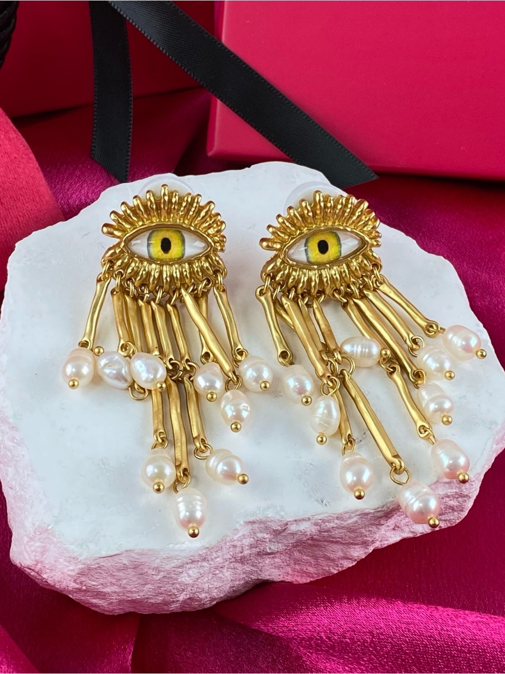 Gold Eye Fringe Pearl Drop Earrings - Yellow Eye